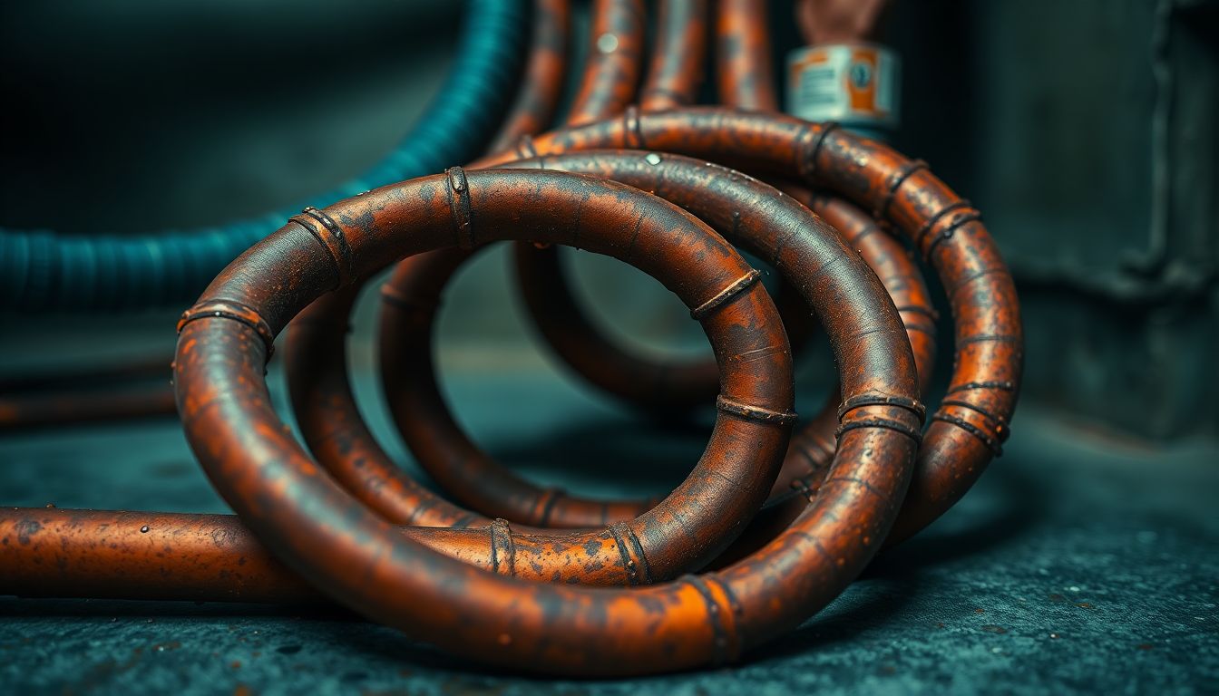 Abstract close-up of rusted copper pipes coiled on a concrete floor in a humid urban utility room, water droplets condensing amid dim lighting and mist, capturing the industrial vibe that underscores the need for a reliable Houston plumber during appointment delays or rescheduled plumbing service.
