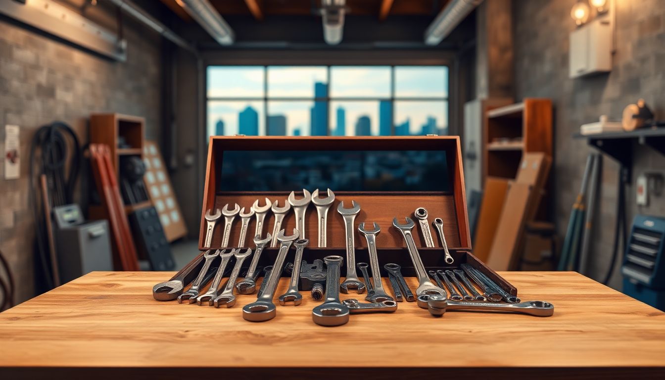 Neatly organized plumber's toolbox open on a wooden workbench in a Houston garage, with wrenches and pipes arranged in rows under soft lighting, blurred city skyline in background, ready for reliable Houston plumber service despite any appointment delay or rescheduled plumbing service.