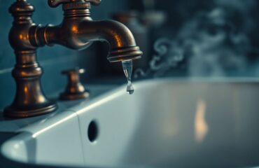 Close-up of a vintage brass faucet with a small water drip falling into a porcelain sink basin, steam rising from warm water in a softly lit Houston kitchen at dawn, highlighting the urgency of addressing a plumber appointment delay before needing rescheduled plumbing service from a reliable Houston plumber.