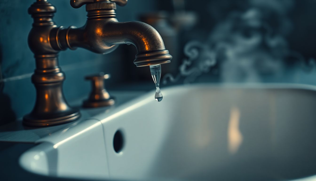 Close-up of a vintage brass faucet with a small water drip falling into a porcelain sink basin, steam rising from warm water in a softly lit Houston kitchen at dawn, highlighting the urgency of addressing a plumber appointment delay before needing rescheduled plumbing service from a reliable Houston plumber.