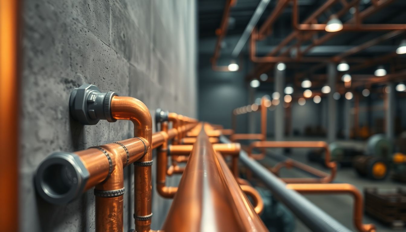 Abstract view of sturdy industrial copper pipes along a concrete wall in a Houston commercial space, showcasing metallic textures under soft warehouse lighting—ideal for finding a reliable emergency plumber in Houston.