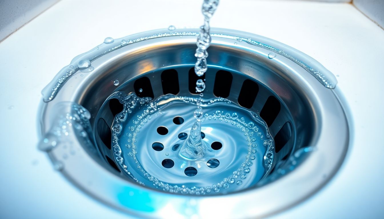 Dramatic low-angle view of a modern stainless steel drain with swirling water vortex and bubbles in a clean Houston bathroom, illustrating potential plumbing issues that may cause plumber appointment delays requiring rescheduled plumbing service from a reliable Houston plumber.