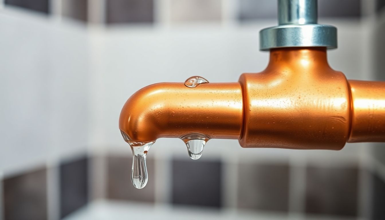 Close-up of a clean, shiny copper pipe section with subtle water droplets, highlighting plumbing maintenance plan benefits in a modern bathroom setting, ideal for Houston plumbing services.