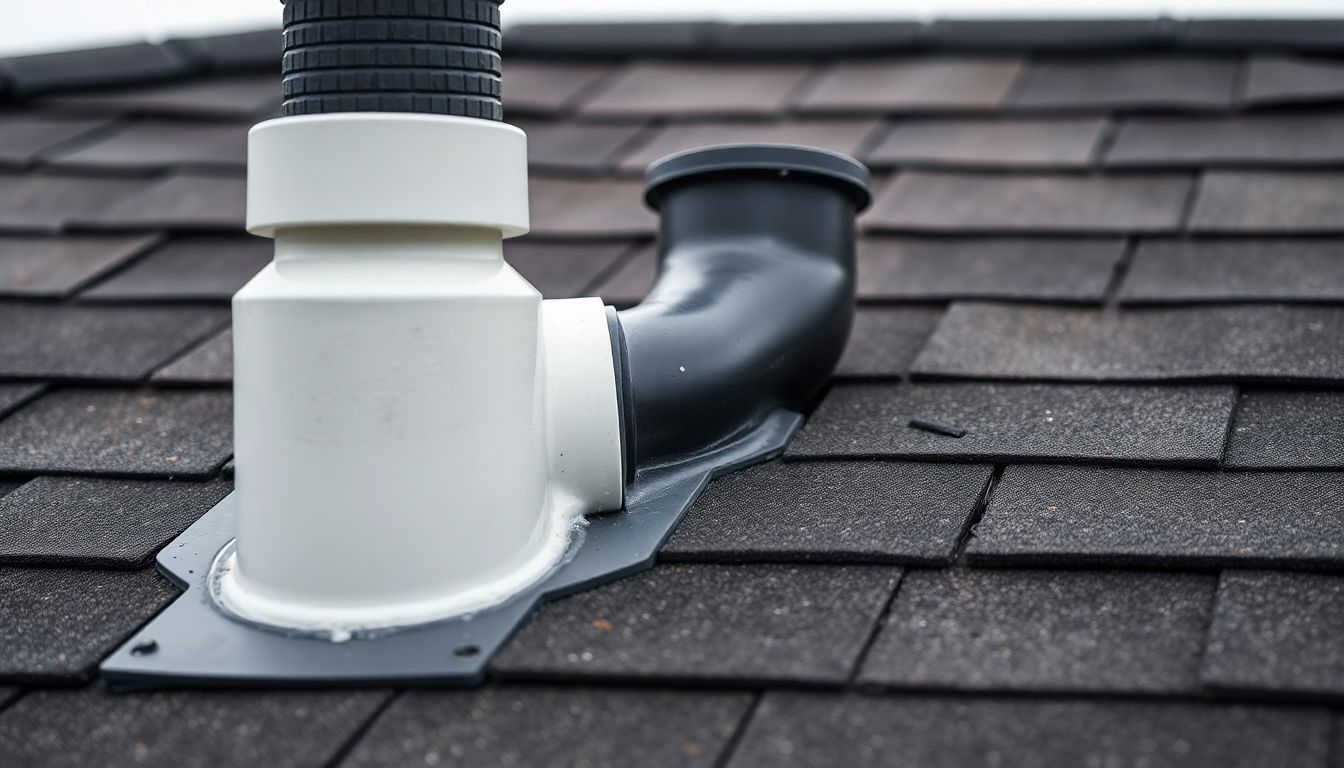 Close up of a black PVC vent pipe protruding through asphalt shingles, illustrating common causes of toilet bubbling, toilet gurgling and the need for plumbing repair Houston.