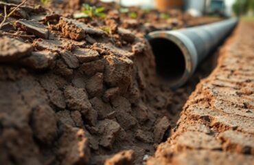 Ground level view of cracked clay soil with exposed pipe trench edge after rain highlighting cast iron sewer pipe problems, cast iron pipe repair Houston, and sewer line replacement Houston.