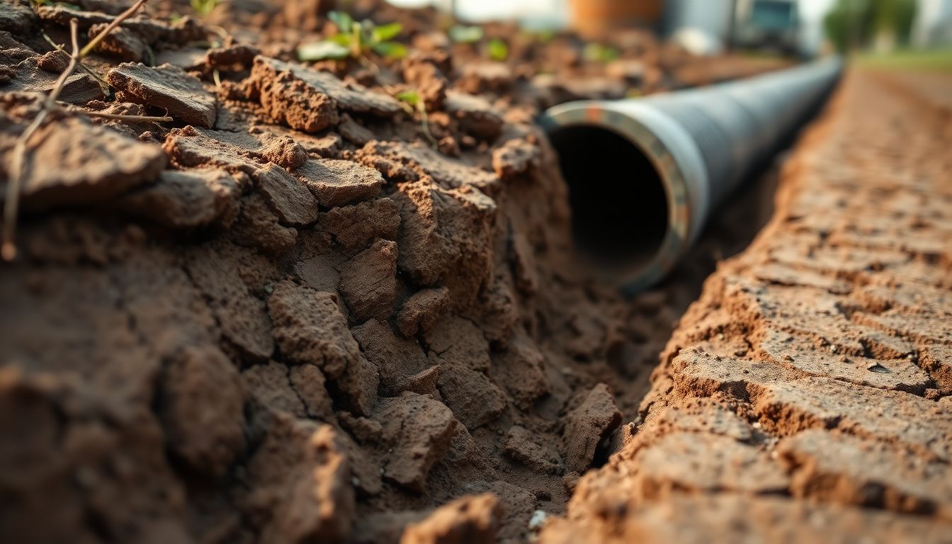 Ground level view of cracked clay soil with exposed pipe trench edge after rain highlighting cast iron sewer pipe problems, cast iron pipe repair Houston, and sewer line replacement Houston.