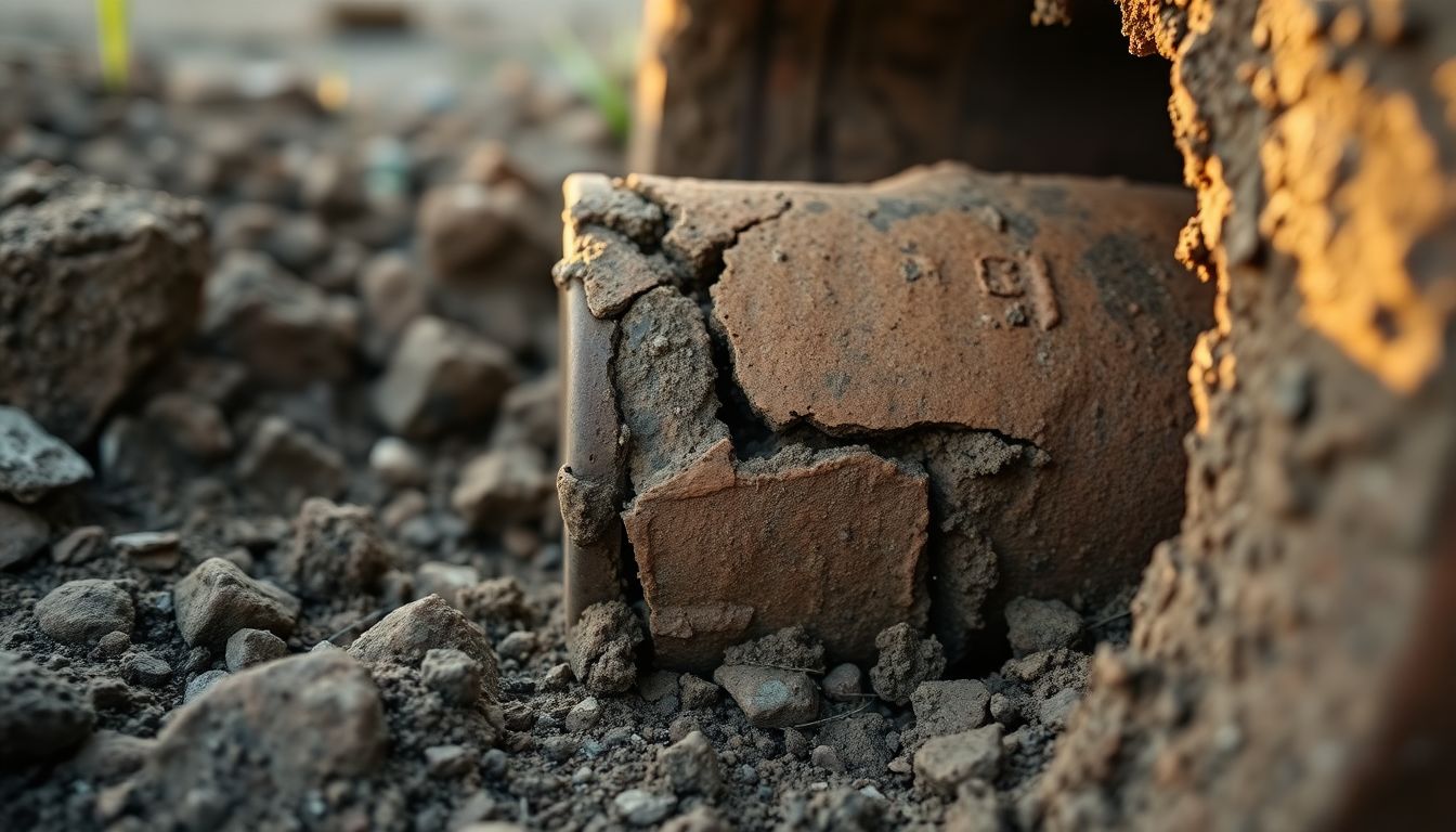 Detail shot of cracked clay sewer pipe joint with visible root intrusion, highlighting clay sewer pipes vs pvc issues during sewer pipe replacement houston projects.