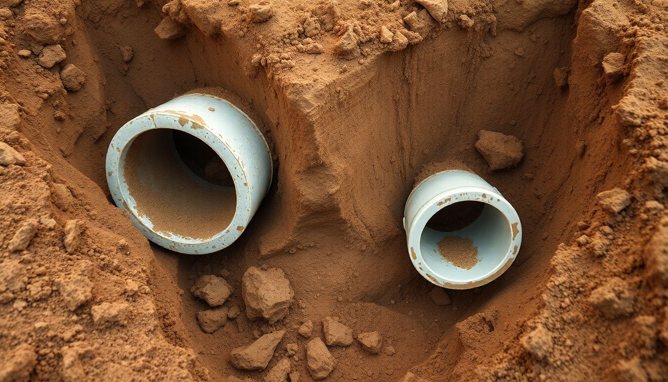 Wide shot of excavated trench showing intact clay sewer pipes vs pvc in Houston clay soil during sewer pipe replacement project