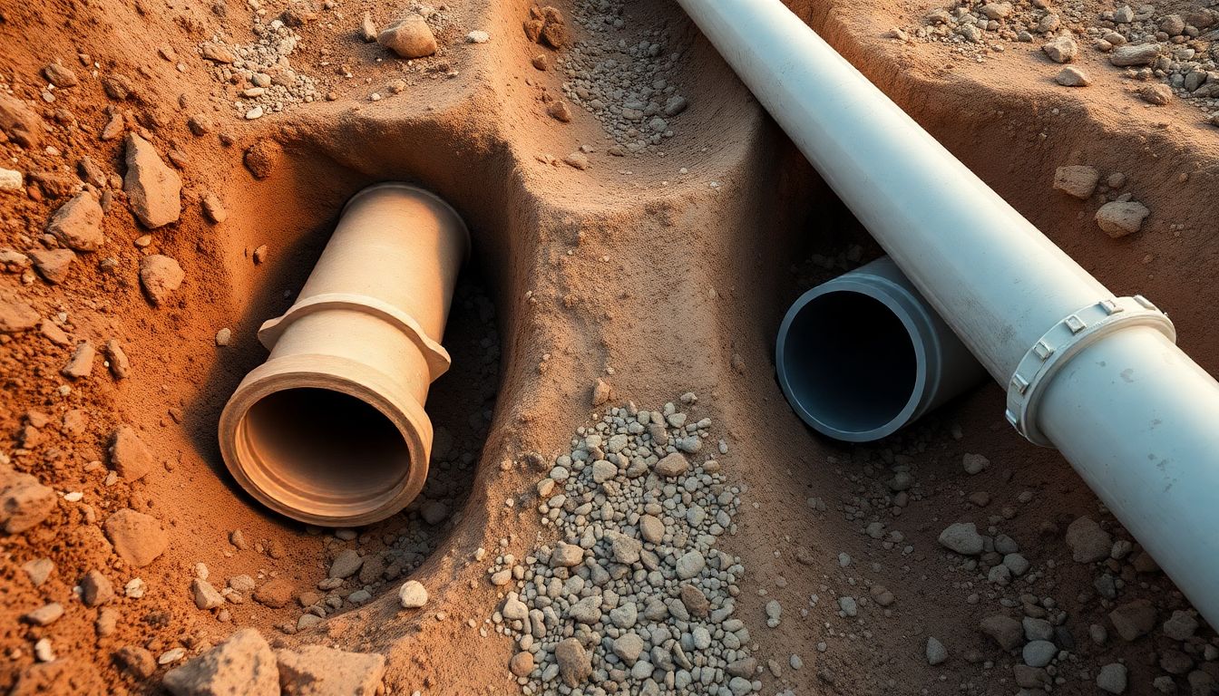 Overhead view of open trench showing clay sewer pipes vs pvc sections on gravel bedding for sewer pipe replacement Houston