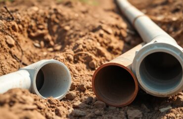Close-up of clay and PVC sewer pipe sections placed side by side on bare earth, highlighting clay sewer pipes vs pvc for sewer pipe replacement houston.