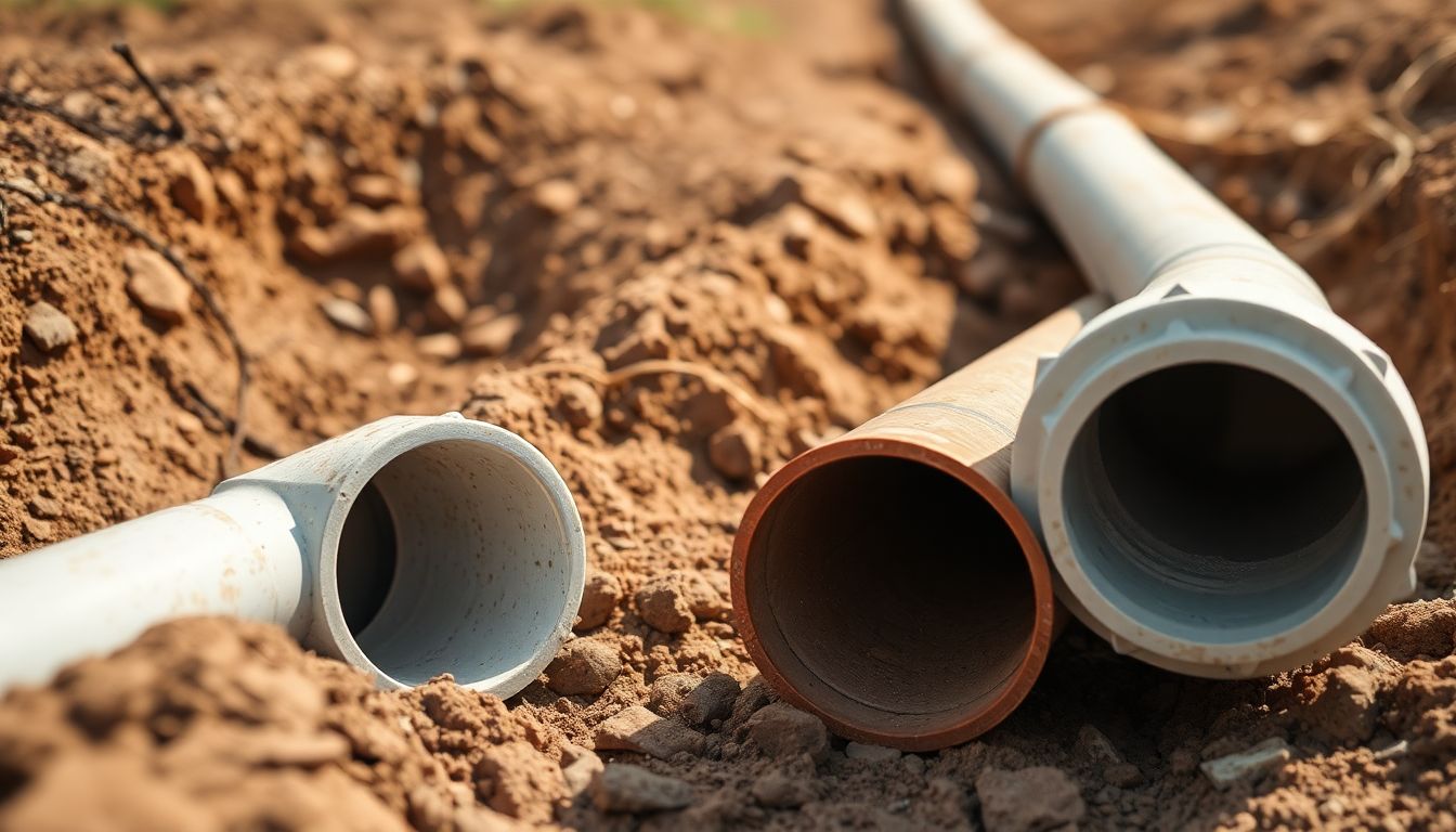 Close-up of clay and PVC sewer pipe sections placed side by side on bare earth, highlighting clay sewer pipes vs pvc for sewer pipe replacement houston.