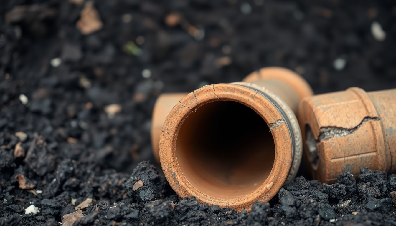 Close up of cracked clay sewer pipe sections illustrating sewer line replacement cost Houston and Houston sewer line repair cost considerations