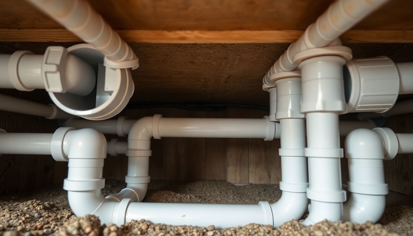Side angle of clean PVC drain pipes under a house crawl space highlighting joints to address toilet bubbling and toilet gurgling issues via plumbing repair Houston
