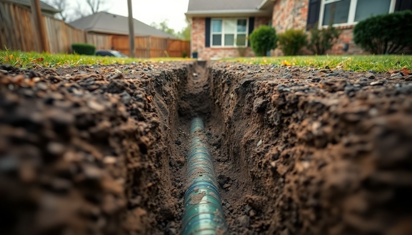 Wide view of residential backyard with exposed trench line for sewer line replacement cost Houston, morning shadows on soil layers