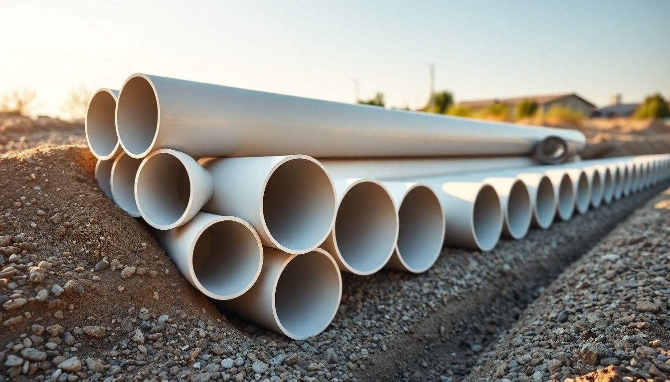 Neat stack of white PVC sewer pipes on gravel next to open utility trench illustrating sewer line replacement cost Houston and Houston sewer line repair cost.