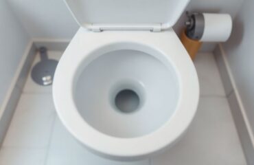 Clean white porcelain toilet bowl viewed from above in a bright modern bathroom, neutral tile floor, highlighting toilet bubbling and toilet gurgling issues for plumbing repair Houston.