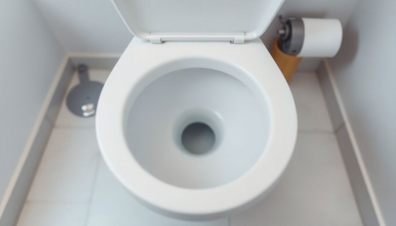 Clean white porcelain toilet bowl viewed from above in a bright modern bathroom, neutral tile floor, highlighting toilet bubbling and toilet gurgling issues for plumbing repair Houston.